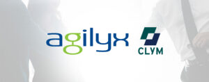agilyx and clym logos on business background